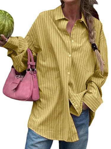 GORGLITTER Musselin Bluse Damen Oversized Hemdbluse Gestreifte Bluse Mit Taschen Herbst Blusenshirt Langarm Oberteil Mit Streifen Damenbluse Gelb XL GORGLITTER Musselin Bluse Damen Oversized Hemdbluse Gestreifte Bluse Mit Taschen Herbst Blusenshirt Langarm Oberteil Mit Streifen Damenbluse Gelb XL von GORGLITTER