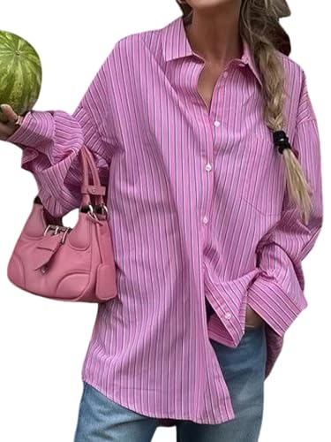 GORGLITTER Musselin Bluse Damen Oversized Hemdbluse Gestreifte Bluse Mit Taschen Herbst Blusenshirt Langarm Oberteil Mit Streifen Damenbluse Rotviolett XL von GORGLITTER