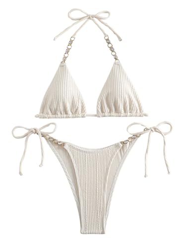 GORGLITTER Neckholder Bikini Damen Set Bikini Mit Ketten Sexy Zweiteiliger Badeanzug Triangel Bikini Set Aprikosenfarben M von GORGLITTER
