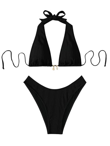 GORGLITTER Neckholder Bikini Damen Set Sexy Bikini Mit Ketten Zweiteiliger Badeanzug Bikini Set Mit Hohem Schnitt Schwarz XL von GORGLITTER
