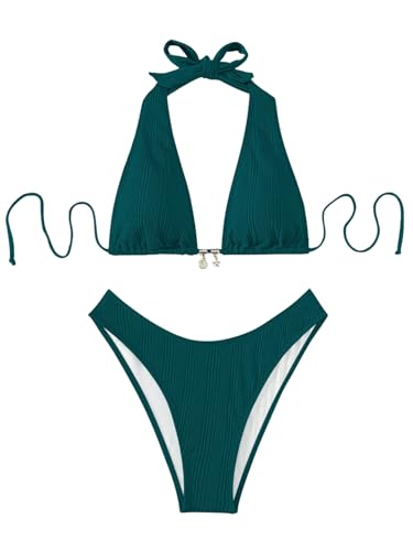 GORGLITTER Neckholder Bikini Damen Set Sexy Bikini Mit Ketten Zweiteiliger Badeanzug Bikini Set Mit Hohem Schnitt Taubenblau XL von GORGLITTER