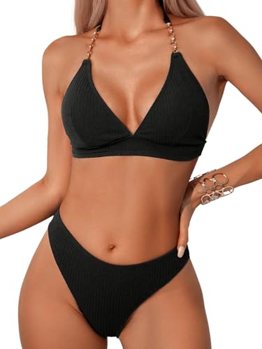 GORGLITTER Neckholder Bikini Set Damen Badeanzug mit Kette Bademode Bauchweg Bikini-Set Hohe Taille Swimsuit Set Schwarz L von GORGLITTER