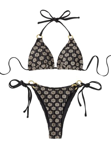 GORGLITTER Neckholder Bikini Set Damen Zweiteiliger Badeanzug mit Blumenmuster Triangel Bademode Swimmsuit Set mit Ring Schwarz M von GORGLITTER