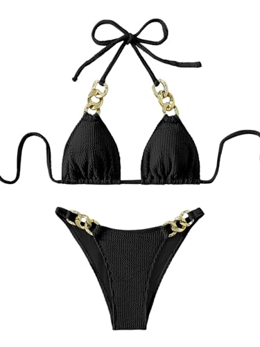 GORGLITTER Neckholder Bikini Set Triangle Bademode Damen Bikini Sets mit Kette Badeanzug Zweiteiliger Swimmsuit Schwarz L von GORGLITTER