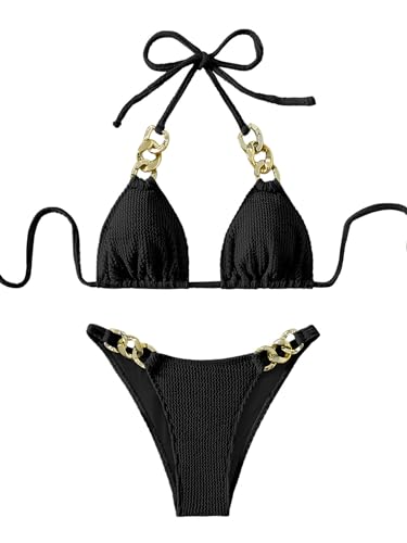 GORGLITTER Neckholder Bikini Set Triangle Bademode Damen Bikini Sets mit Kette Badeanzug Zweiteiliger Swimmsuit Schwarz M von GORGLITTER