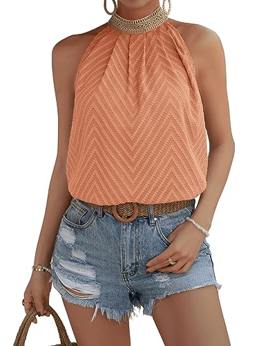 GORGLITTER Neckholder Oberteil Damen Bluse Elegant Blusentop Durchsichtige Spitzen Top Ärmellose Bluse Sommer Blusenshirt Rosa L von GORGLITTER