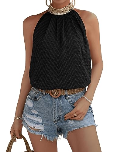 GORGLITTER Neckholder Oberteil Damen Bluse Elegant Blusentop Durchsichtige Spitzen Top Ärmellose Bluse Sommer Blusenshirt Schwarz XS von GORGLITTER