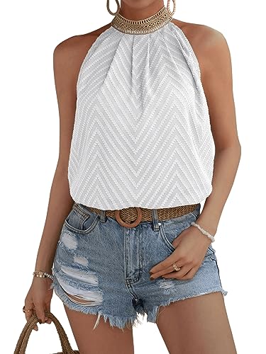 GORGLITTER Neckholder Oberteil Damen Bluse Elegant Blusentop Durchsichtige Spitzen Top Ärmellose Bluse Sommer Blusenshirt Weiß M von GORGLITTER