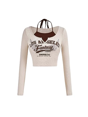 GORGLITTER Neckholder Oberteil Langarm Damen Crop Langarmshirt Y2k Top 90s Vintage Tshirt Bauchfreie Oberteile Langarm Beige L von GORGLITTER