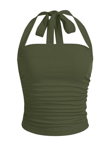 GORGLITTER Neckholder Top Damen Ärmellose Tops Schulterfrei Shirts Elegant Oberteile Sommertop Armeegrün S von GORGLITTER