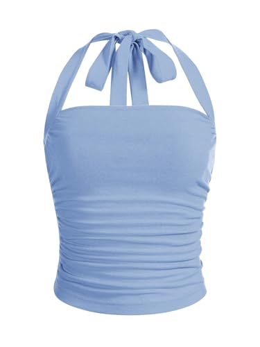 GORGLITTER Neckholder Top Damen Ärmellose Tops Schulterfrei Shirts Elegant Oberteile Sommertop Blau L von GORGLITTER