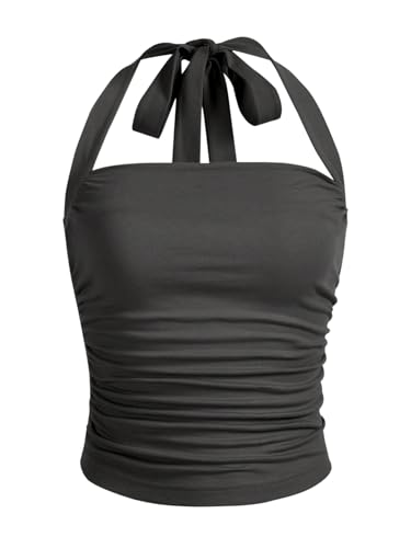 GORGLITTER Neckholder Top Damen Ärmellose Tops Schulterfrei Shirts Elegant Oberteile Sommertop Dunkelgrau M von GORGLITTER
