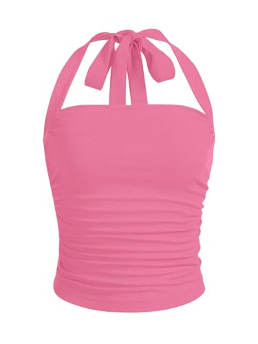 GORGLITTER Neckholder Top Damen Ärmellose Tops Schulterfrei Shirts Elegant Oberteile Sommertop Hell-Pink XS von GORGLITTER