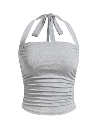 GORGLITTER Neckholder Top Damen Ärmellose Tops Schulterfrei Shirts Elegant Oberteile Sommertop Hellgrau M von GORGLITTER