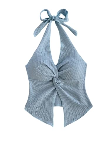 GORGLITTER Neckholder Top Damen Sexy Trägertop Sommer Tops Crop Top Mit Schlitz Y2k Summer Tops Rückenfreies Damentops Stricktop Hellblau M GORGLITTER Neckholder Top Damen Sexy Trägertop Sommer Tops Crop Top Mit Schlitz Y2k Summer Tops Rückenfreies Damentops Stricktop Hellblau M von GORGLITTER
