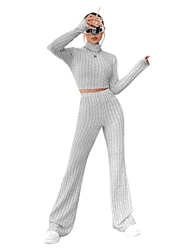 GORGLITTER Oberteil Und Hose Set Damen Crop Top Langarm Strick Schlaghose Zweiteiler Bauchfreies Shirt Hellgrau M von GORGLITTER