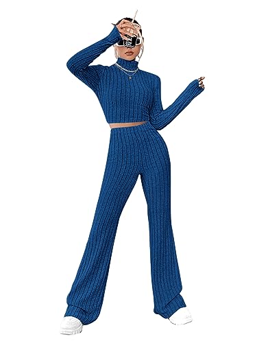 GORGLITTER Oberteil Und Hose Set Damen Crop Top Langarm Strick Schlaghose Zweiteiler Set Bauchfreies Oberteil Langarm Crop Shirt Strick Hosen Set Blau M von GORGLITTER