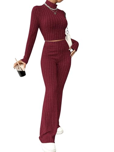 GORGLITTER Oberteil Und Hose Set Damen Crop Top Langarm Strick Schlaghose Zweiteiler Set Bauchfreies Oberteil Langarm Crop Shirt Strick Hosen Set Bordeaux L von GORGLITTER