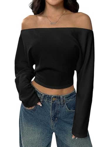 GORGLITTER Off Shoulder Oberteil Damen Elegant Crop T-Shirt Langarm Schulterfrei Langarmshirt Office Casualshirt Herbst Party Going Out Schwarz L von GORGLITTER
