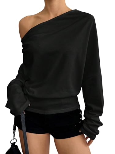 GORGLITTER Off Shoulder Oberteil Damen Langarm Sweatshirt Cut Out Langarmshirt Schulterfreies Sweatpullover Basic Shirt Herbst Outfit Schwarz S von GORGLITTER
