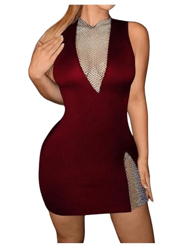 GORGLITTER Ohne Ärmel Kleid Damen Bodycon Minikleid mit Netzeinsatz Figurbetontes Partykleid Festival Kleider Freizeitkeid mit Wellensaum Mesh-Bordeaux M von GORGLITTER