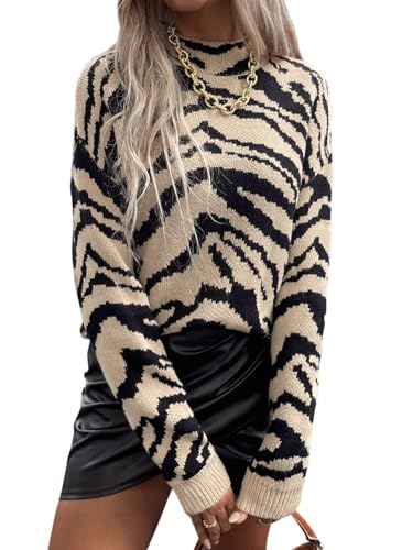 GORGLITTER Oversize Pullover Damen Herbst Strick Zebra Strickpullover Mit Stehkragen Winterpullover Langarm Strickpulli Mit Tiger Print Sweater Winter Outfit Khaki XS von GORGLITTER