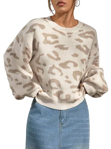 GORGLITTER Oversize Pullover Damen Strick Leoparden Oberteil Winterpullover Strickpullover Mit Leo Print Strickpulli Langarm Herbst Outfit Khaki M von GORGLITTER