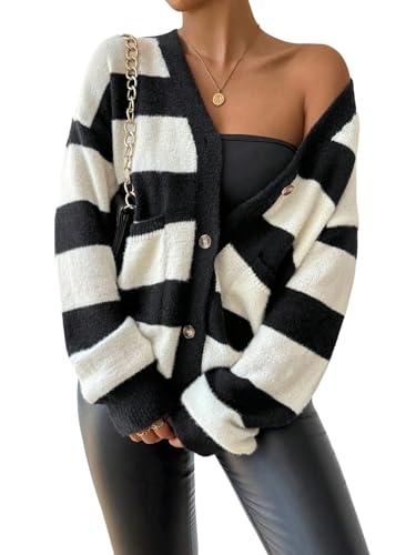 GORGLITTER Oversize Strickjacke Damen Elegant Cardigan Mit Knöpfen Strick Oberteile Winter Gestreifter Pullover Mit Taschen Herbst Outfit Schwarz und Weiß L von GORGLITTER