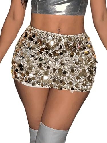 GORGLITTER Pailletten Rock Damen Kurz Glitzer Rock Minirock Mit Pailletten Festival Outfit Party Outfit Röcke Sehr Kurz Y2k Röcke Gold XS von GORGLITTER