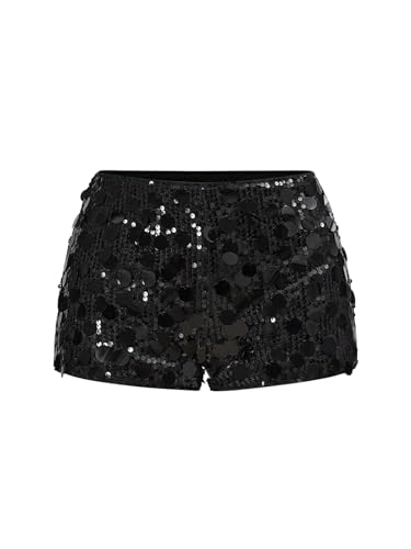 GORGLITTER Pailletten Shorts Damen Hohe Taille Elastische Shorts Glitzer Kurz Hose Hotpants Partyhose Freizeithose für Festivals Outfits Schwarz S von GORGLITTER