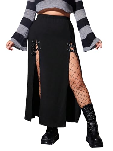 GORGLITTER Festival Outfit Damen Rave Rock Y2K Gothic Partyrock mit Schlitz Tanzrock Hohe Taille Techno Outfit Freizeitrock Schlichtes Schwarz 1XL von GORGLITTER