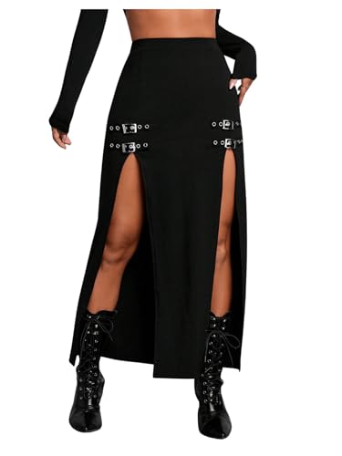 GORGLITTER Festival Outfit Damen Rave Rock Y2K Gothic Partyrock mit Schlitz Tanzrock Hohe Taille Techno Outfit Freizeitrock Schwarz XS von GORGLITTER
