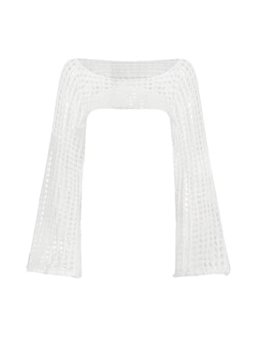 GORGLITTER Pullover Damen Elegant Crop Top Langarm Stricktop U Boot Ausschnitt Kurzpulli Strickoberteil Hakel Langarmshirt Herbst Outfit Weiß S von GORGLITTER