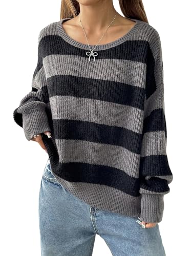 GORGLITTER Pullover Damen Elegant Gestreifte Strickpullover Off Shoulder Sweater Langarmshirt Lockere Schulterfreie Oberteil Grau S von GORGLITTER