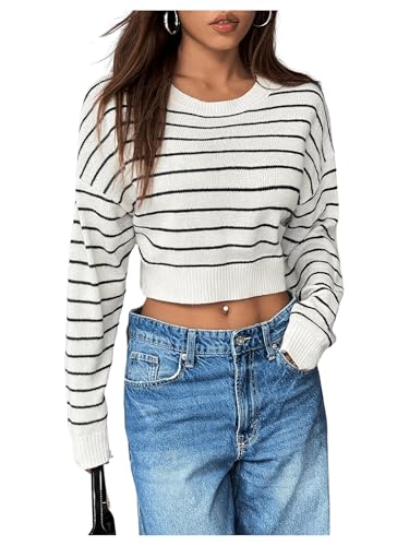 GORGLITTER Pullover Damen Elegant Kurz Strickpullover Rundhals Langarmshirt Langarm Crop Top Gestreift Oberteil Damenpullover Herbst Outfit Weiß S GORGLITTER Pullover Damen Elegant Kurz Strickpullover Rundhals Langarmshirt Langarm Crop Top Gestreift Oberteil Damenpullover Herbst Outfit Weiß S von GORGLITTER