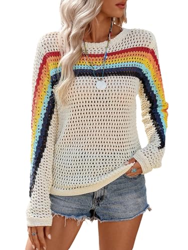 GORGLITTER Pullover Damen Elegant Langarm Häkelpullover Gestrickte Rundhals Strickpullover mit Streifen Netzoberteil Lechit Strand Oberteile Aprikosenfarben XL von GORGLITTER