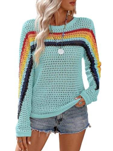 GORGLITTER Pullover Damen Elegant Langarm Häkelpullover Gestrickte Rundhals Strickpullover mit Streifen Netzoberteil Lechit Strand Oberteile Hellblau L GORGLITTER Pullover Damen Elegant Langarm Häkelpullover Gestrickte Rundhals Strickpullover mit Streifen Netzoberteil Lechit Strand Oberteile Hellblau L von GORGLITTER