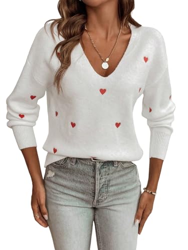 GORGLITTER Pullover Damen Elegant Langarm V-Ausschnitt Strickpullover Langarmshirt mit Herzmuster Strick Tops Winterpullover Pulli Herbst Winter Weiß S GORGLITTER Pullover Damen Elegant Langarm V-Ausschnitt Strickpullover Langarmshirt mit Herzmuster Strick Tops Winterpullover Pulli Herbst Winter Weiß S von GORGLITTER
