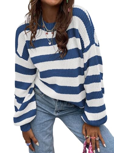 GORGLITTER Pullover Damen Elegant Langarmshirt Gestreift Strickpullover Sweater Locker Pulli Stricktoberteil Herbst Outfit Weiß S von GORGLITTER