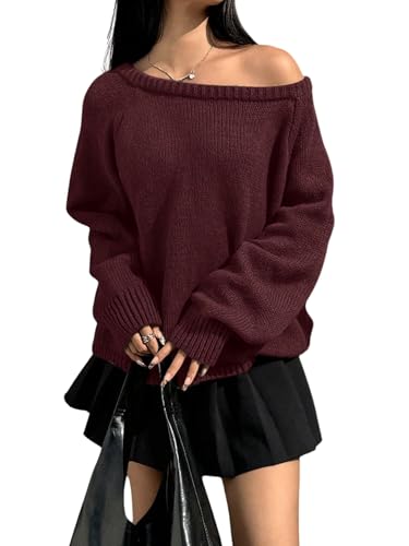 GORGLITTER Pullover Damen Elegant Off Shoulder Strickpullover Y2K Langarm Schulterfreies Oberteil Casual Pulii Locker Langarmshirt Bordeaux L von GORGLITTER