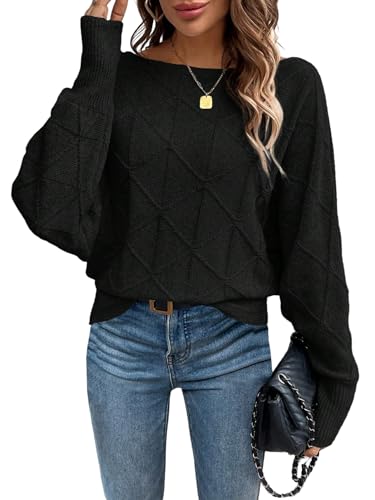 GORGLITTER Pullover Damen Elegant Strick Oberteil Langarm Strickpullover Einfarbig Sweater Langarmshirt mit U Boot Ausschnitt Herbst Outfit Schwarz L von GORGLITTER