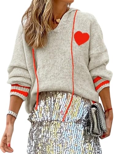 GORGLITTER Pullover Damen Elegant Strickpullover mit Kapuze Pulli Langarm Sweater V Ausschnitt Langarmshirt mit Locker Strick Oberteil Aprikosenfarben M von GORGLITTER