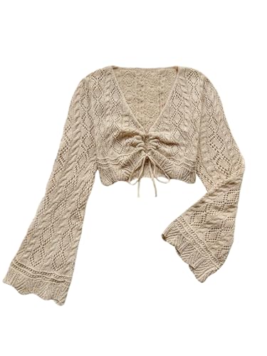 GORGLITTER Pullover Damen Kurz Gehäkelte Strickpullover mit V Ausschnitt Langarmshirt Herbst Oberteil Crop Pulli Leicht Stricktop Khaki L von GORGLITTER