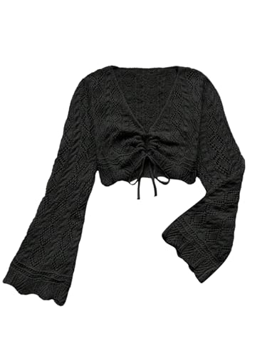 GORGLITTER Pullover Damen Kurz Gehäkelte Strickpullover mit V Ausschnitt Langarmshirt Herbst Oberteil Crop Pulli Leicht Stricktop Schwarz L von GORGLITTER