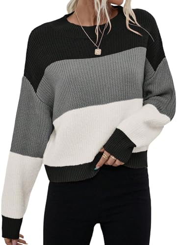 GORGLITTER Pullover Damen Langarm Strickpullover Rundhals Sweater Farbblock Strickpulli Langarm Strick Oberteil Herbst Outfit Schwarz L von GORGLITTER