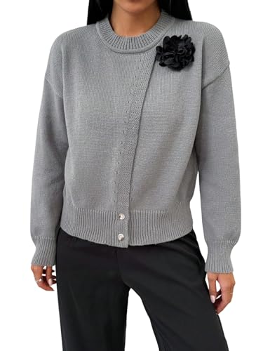 GORGLITTER Pullover Damen Strickpullover mit Knöpfen vorn Rundhals Puli mit 3D-Blumen Winterpullover Langarm Damenpullover Tunika Strickpuli Dunkelgrau S GORGLITTER Pullover Damen Strickpullover mit Knöpfen vorn Rundhals Puli mit 3D-Blumen Winterpullover Langarm Damenpullover Tunika Strickpuli Dunkelgrau S von GORGLITTER