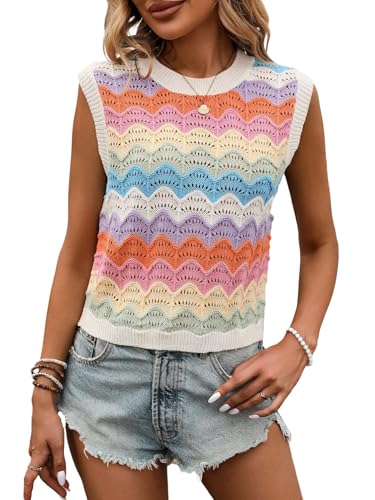 GORGLITTER Pullover Damen Strickweste Gestreifte Weste Ärmellose Rundhals Strickpulli Herbst Oberteil Stricktop Going Out Tops Mehrfarbig S von GORGLITTER