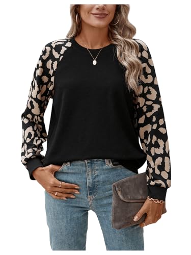 GORGLITTER Damen Winter Elegant Sweatshirt Mit Leopardenmuster Langarm Pullover Dünn Farbblock Leo Oberteil Langarmshirt Schwarz L von GORGLITTER