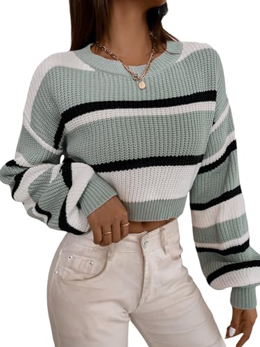 GORGLITTER Pullover Mit Farbblock Damen Crop Pullover Strick Gestreifter Pullover Bunt Strickpullover Grobmaschig Kurz Strickpulli Grün M von GORGLITTER