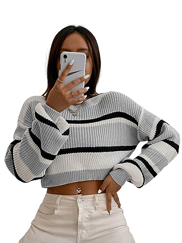 GORGLITTER Pullover Mit Farbblock Damen Crop Pullover Strick Gestreifter Pullover Bunt Strickpullover Grobmaschig Kurz Strickpulli Hellgrau M von GORGLITTER